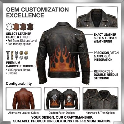 Custom Men's Brown Leather Biker Jacket with Printed & Distressed Detailing, Flame & Gear