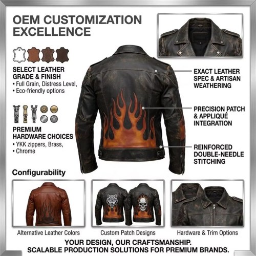 Custom Men's Brown Leather Biker Jacket with Printed & Distressed Detailing, Flame & Gear