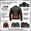 Custom Men's Brown Leather Biker Jacket with Printed & Distressed Detailing, Flame & Gear
