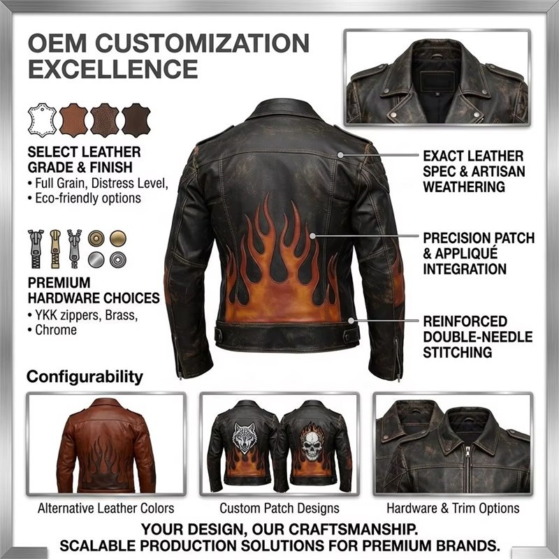 Custom Men's Brown Leather Biker Jacket with Printed & Distressed Detailing, Flame & Gear