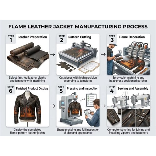 Custom Men's Brown Leather Biker Jacket with Printed & Distressed Detailing, Flame & Gear
