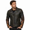 Custom Men's Brown Leather Biker Jacket with Printed & Distressed Detailing, Flame & Gear