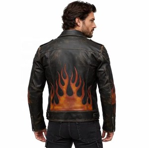 Custom Men's Brown Leather Biker Jacket with Printed & Distressed Detailing, Flame & Gear