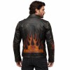 Custom Men's Brown Leather Biker Jacket with Printed & Distressed Detailing, Flame & Gear