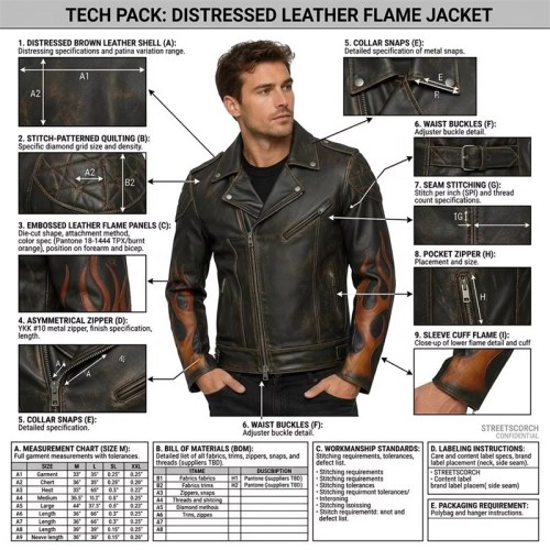 Custom Men's Brown Leather Biker Jacket with Printed & Distressed Detailing, Flame & Gear