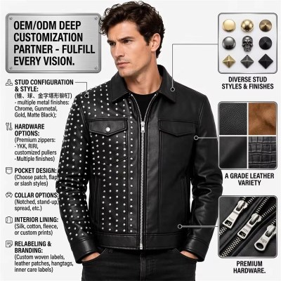 Custom Men's Black Leather Biker Jacket with Studded & Two Tone Detailing, Punk Rock