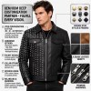 Custom Men's Black Leather Biker Jacket with Studded & Two Tone Detailing, Punk Rock