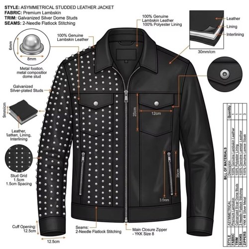Custom Men's Black Leather Biker Jacket with Studded & Two Tone Detailing, Punk Rock