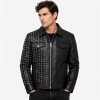 Custom Men's Black Leather Biker Jacket with Studded & Two Tone Detailing, Punk Rock