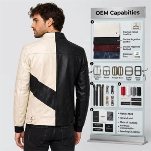 Custom Men's Black & Cream Leather Biker Jacket with Two Tone Detailing, Slim Fit