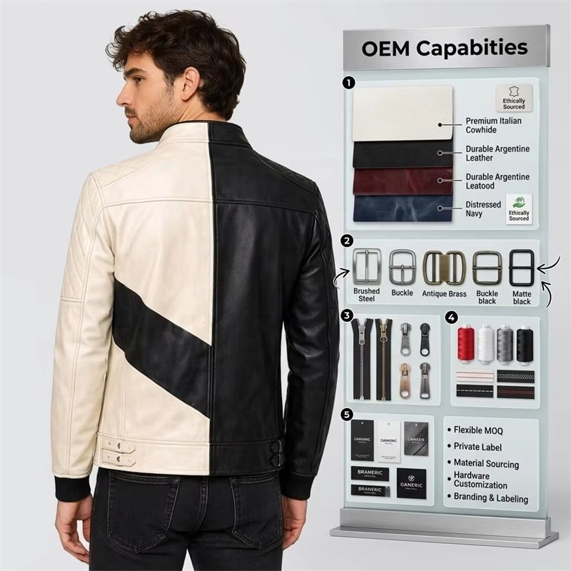 Custom Men's Black & Cream Leather Biker Jacket with Two Tone Detailing, Slim Fit