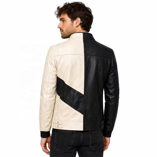 Custom Men's Black & Cream Leather Biker Jacket with Two Tone Detailing, Slim Fit