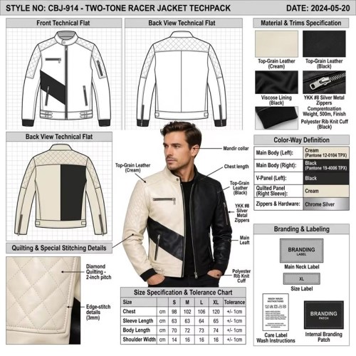 Custom Men's Black & Cream Leather Biker Jacket with Two Tone Detailing, Slim Fit