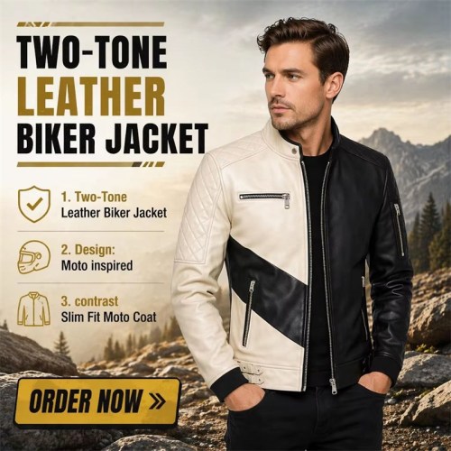 Custom Men's Black & Cream Leather Biker Jacket with Two Tone Detailing, Slim Fit