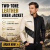 Custom Men's Black & Cream Leather Biker Jacket with Two Tone Detailing, Slim Fit