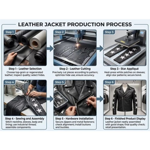 Custom Men's Black Leather Biker Jacket with Patchwork Detailing, Star & Punk Rock