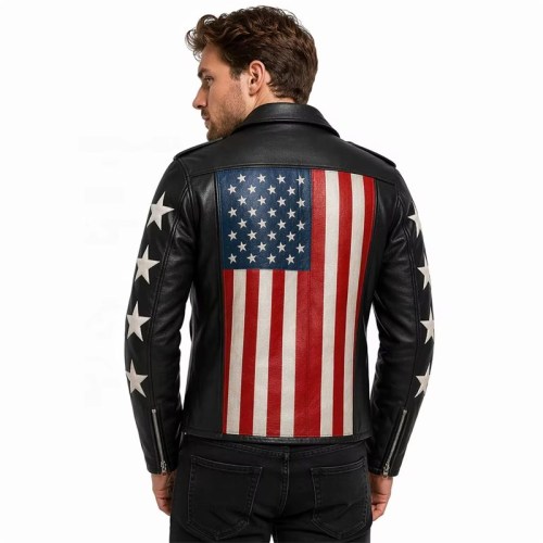 Custom Men's Black Leather Biker Jacket with Patchwork Detailing, Star & Punk Rock