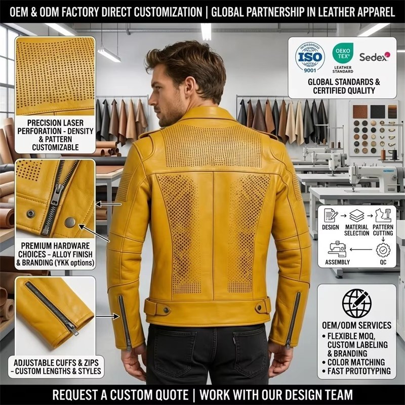 Custom Men's Yellow Lambskin Leather Biker Jacket with Printed Detailing, Snake