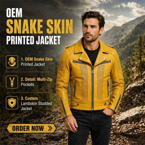 Custom Men's Yellow Lambskin Leather Biker Jacket with Printed Detailing, Snake