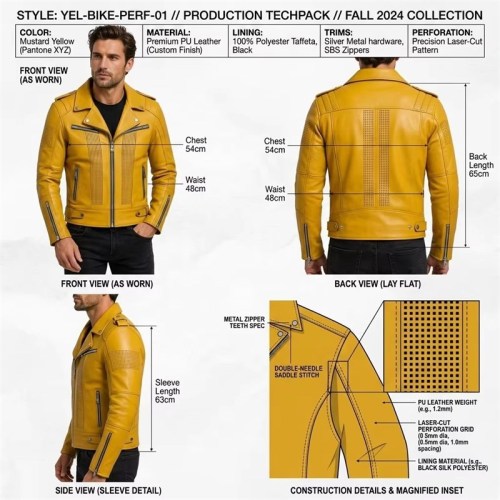 Custom Men's Yellow Lambskin Leather Biker Jacket with Printed Detailing, Snake
