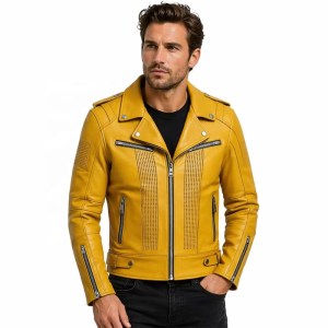 Custom Men's Yellow Lambskin Leather Biker Jacket with Printed Detailing, Snake