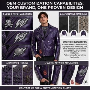 Custom Men's Purple Cowhide Leather Biker Jacket with Studded & Spiked Detailing