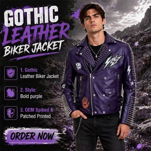 Custom Men's Purple Cowhide Leather Biker Jacket with Studded & Spiked Detailing