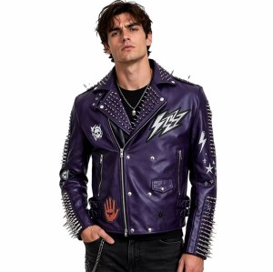 Custom Men's Purple Cowhide Leather Biker Jacket with Studded & Spiked Detailing