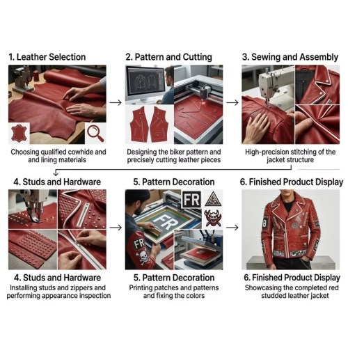 Custom Men's Red Leather Biker Jacket with Studded & Embroidered Detailing