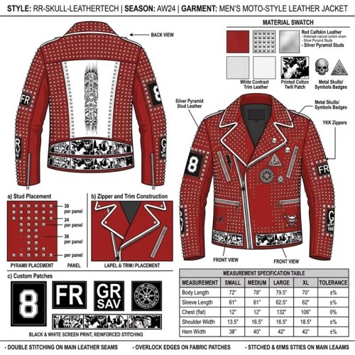 Custom Men's Red Leather Biker Jacket with Studded & Embroidered Detailing