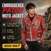 Custom Men's Red Leather Biker Jacket with Studded & Embroidered Detailing