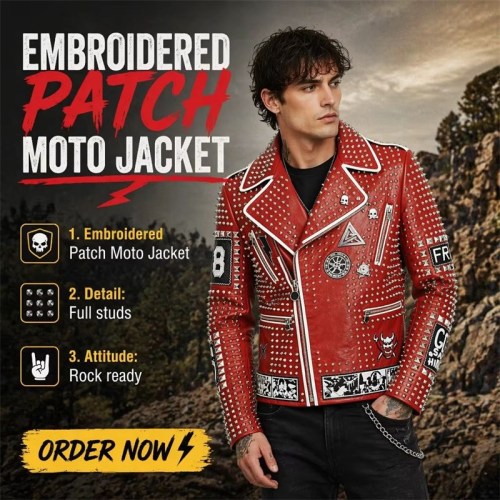 Custom Men's Red Leather Biker Jacket with Studded & Embroidered Detailing