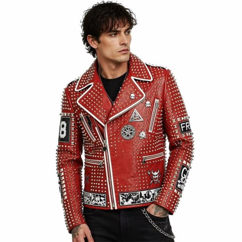 Custom Men's Red Leather Biker Jacket with Studded & Embroidered Detailing
