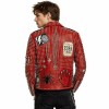 Custom Men's Red Leather Biker Jacket with Studded & Embroidered Detailing