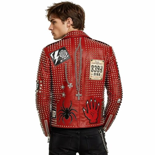 Custom Men's Red Leather Biker Jacket with Studded & Embroidered Detailing