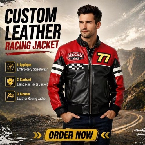 Custom Men's Black & Orange Leather Biker Jacket with Applique & Patchwork Detailing, Skull