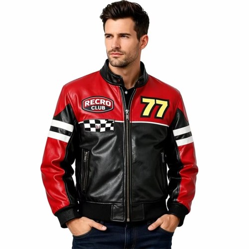 Custom Men's Black & Orange Leather Biker Jacket with Applique & Patchwork Detailing, Skull
