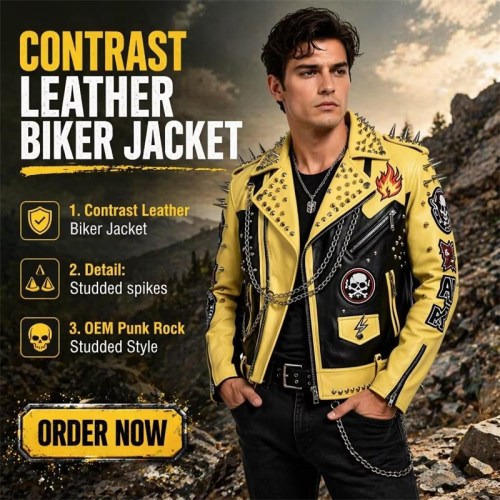 Custom Men's Black & Yellow Leather Biker Jacket with Studded & Embroidered Detailing, Punk Rock & Streetwear