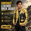 Custom Men's Black & Yellow Leather Biker Jacket with Studded & Embroidered Detailing, Punk Rock & Streetwear