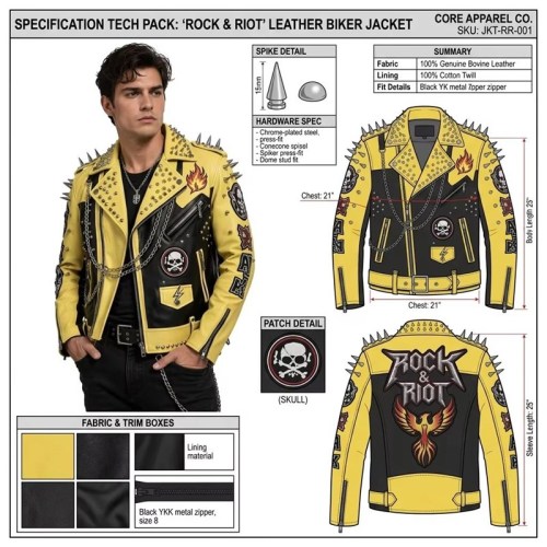 Custom Men's Black & Yellow Leather Biker Jacket with Studded & Embroidered Detailing, Punk Rock & Streetwear