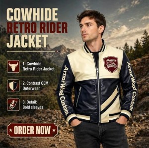 Custom Men's Cowhide Leather Biker Jacket with Two Tone Detailing, Streetwear