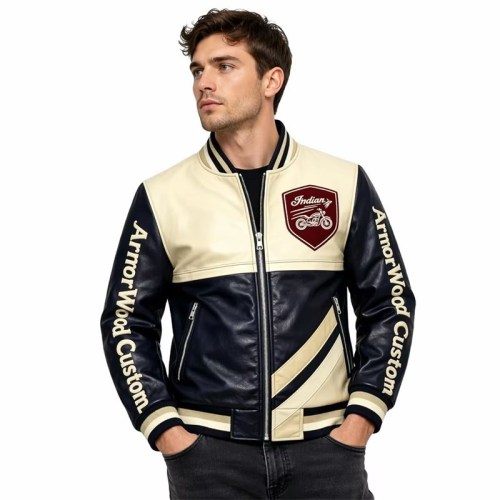 Custom Men's Cowhide Leather Biker Jacket with Two Tone Detailing, Streetwear