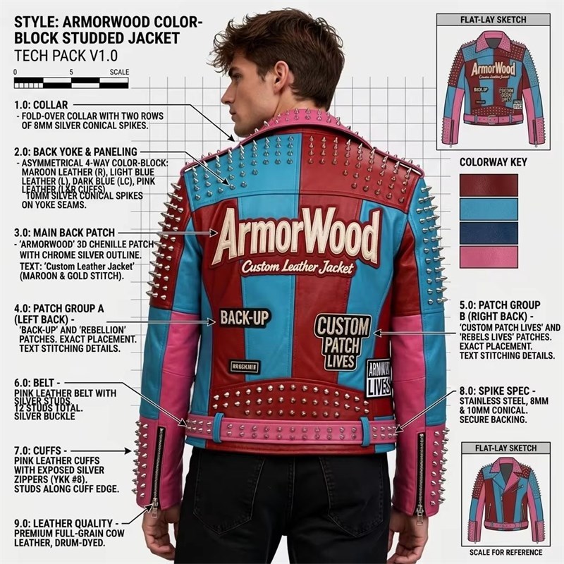 Custom Men's Cowhide Leather Biker Jacket with Studded & Patchwork Detailing, Punk Rock