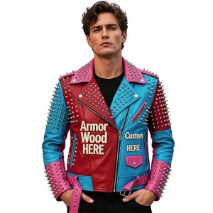 Custom Men's Cowhide Leather Biker Jacket with Studded & Patchwork Detailing, Punk Rock