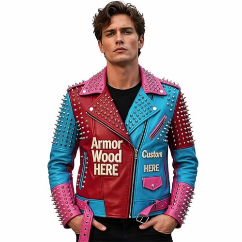 Custom Men's Cowhide Leather Biker Jacket with Studded & Patchwork Detailing, Punk Rock