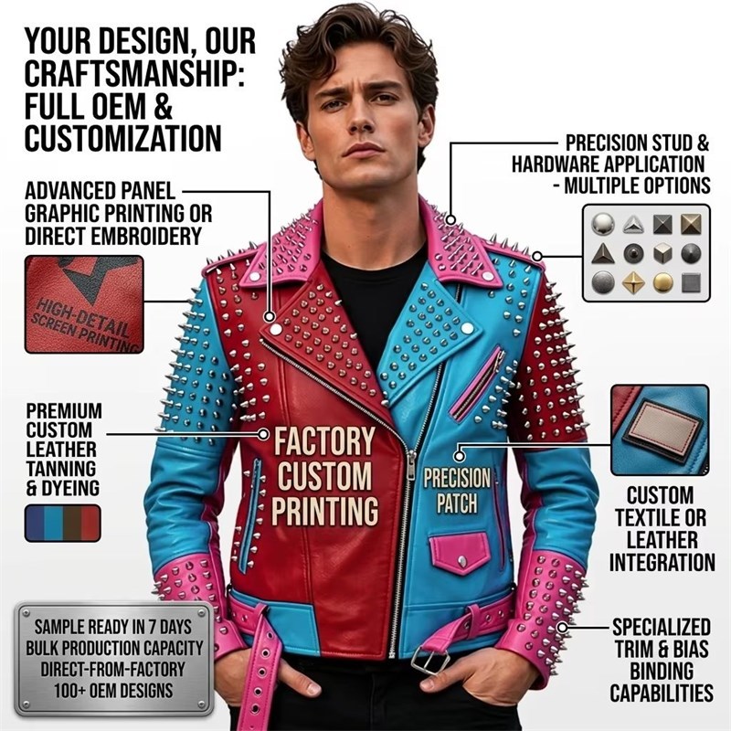 OEM Men Studded Leather Biker Jacket