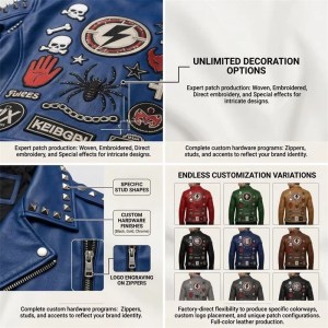 Custom Men's Blue Leather Biker Jacket with Studded & Patchwork Detailing, Punk Rock