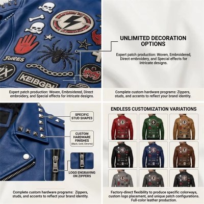 Custom Men's Blue Leather Biker Jacket with Studded & Patchwork Detailing, Punk Rock