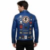 Custom Men's Blue Leather Biker Jacket with Studded & Patchwork Detailing, Punk Rock