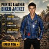 Custom Men's Blue Leather Biker Jacket with Studded & Patchwork Detailing, Punk Rock
